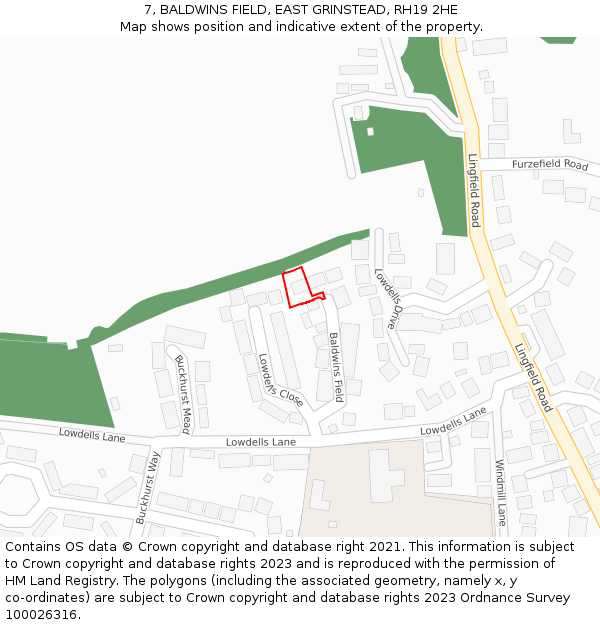 7, BALDWINS FIELD, EAST GRINSTEAD, RH19 2HE: Location map and indicative extent of plot