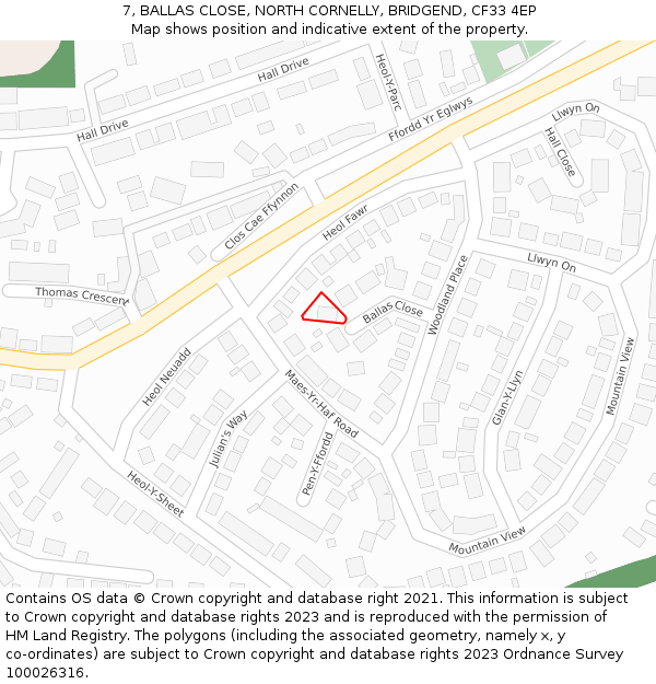 7, BALLAS CLOSE, NORTH CORNELLY, BRIDGEND, CF33 4EP: Location map and indicative extent of plot