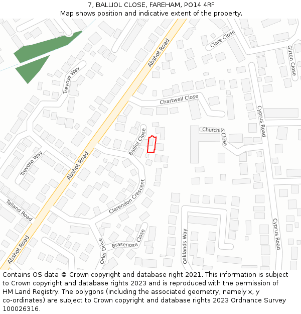 7, BALLIOL CLOSE, FAREHAM, PO14 4RF: Location map and indicative extent of plot