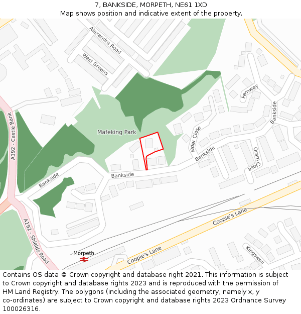 7, BANKSIDE, MORPETH, NE61 1XD: Location map and indicative extent of plot