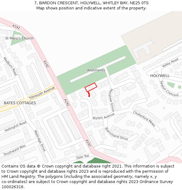 7, BARDON CRESCENT, HOLYWELL, WHITLEY BAY, NE25 0TS: Location map and indicative extent of plot