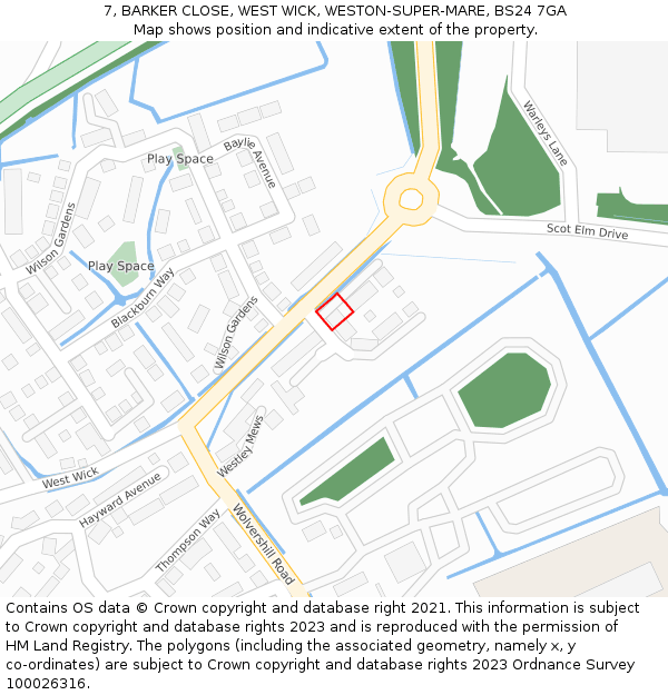 7, BARKER CLOSE, WEST WICK, WESTON-SUPER-MARE, BS24 7GA: Location map and indicative extent of plot