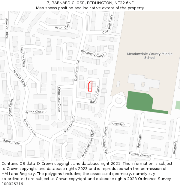 7, BARNARD CLOSE, BEDLINGTON, NE22 6NE: Location map and indicative extent of plot