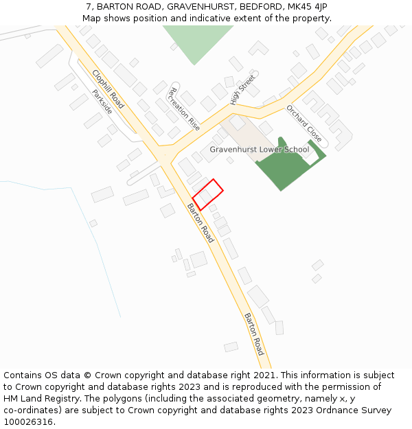 7, BARTON ROAD, GRAVENHURST, BEDFORD, MK45 4JP: Location map and indicative extent of plot