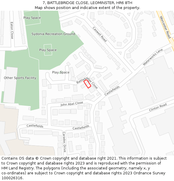 7, BATTLEBRIDGE CLOSE, LEOMINSTER, HR6 8TH: Location map and indicative extent of plot