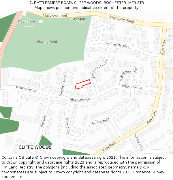 7, BATTLESMERE ROAD, CLIFFE WOODS, ROCHESTER, ME3 8TR: Location map and indicative extent of plot