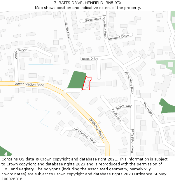 7, BATTS DRIVE, HENFIELD, BN5 9TX: Location map and indicative extent of plot