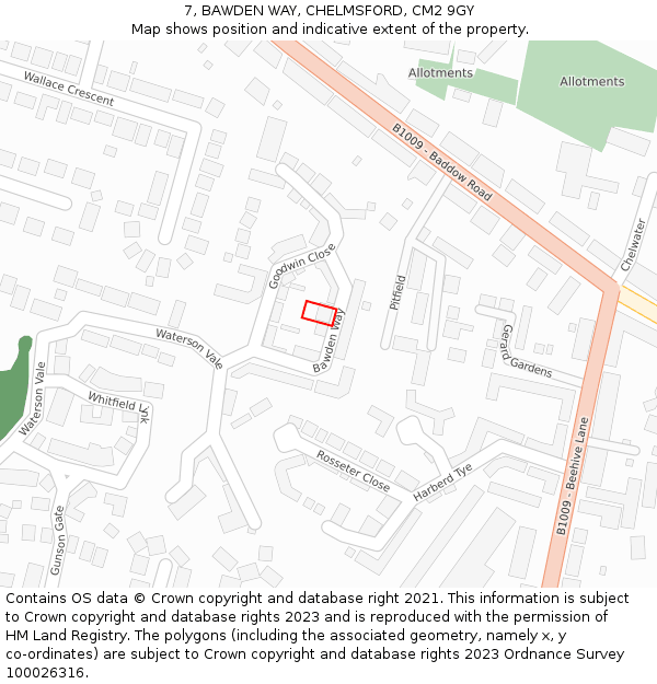 7, BAWDEN WAY, CHELMSFORD, CM2 9GY: Location map and indicative extent of plot