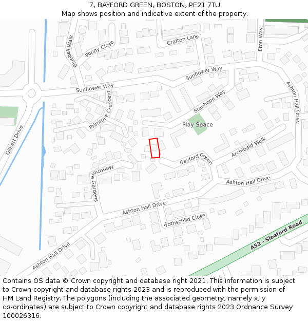 7, BAYFORD GREEN, BOSTON, PE21 7TU: Location map and indicative extent of plot