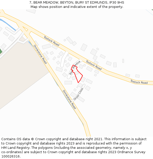 7, BEAR MEADOW, BEYTON, BURY ST EDMUNDS, IP30 9HS: Location map and indicative extent of plot