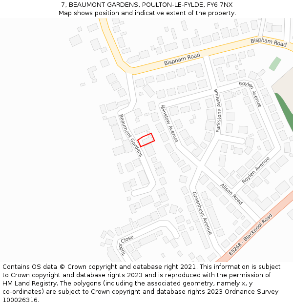 7, BEAUMONT GARDENS, POULTON-LE-FYLDE, FY6 7NX: Location map and indicative extent of plot