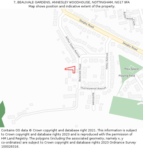 7, BEAUVALE GARDENS, ANNESLEY WOODHOUSE, NOTTINGHAM, NG17 9FA: Location map and indicative extent of plot