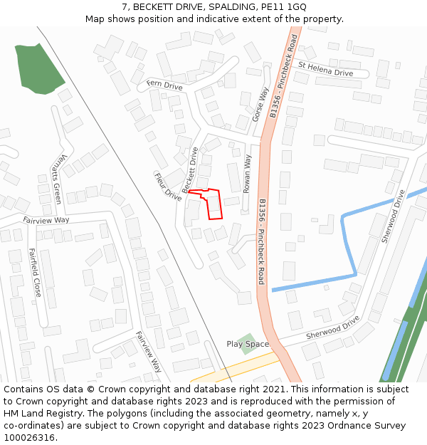 7, BECKETT DRIVE, SPALDING, PE11 1GQ: Location map and indicative extent of plot
