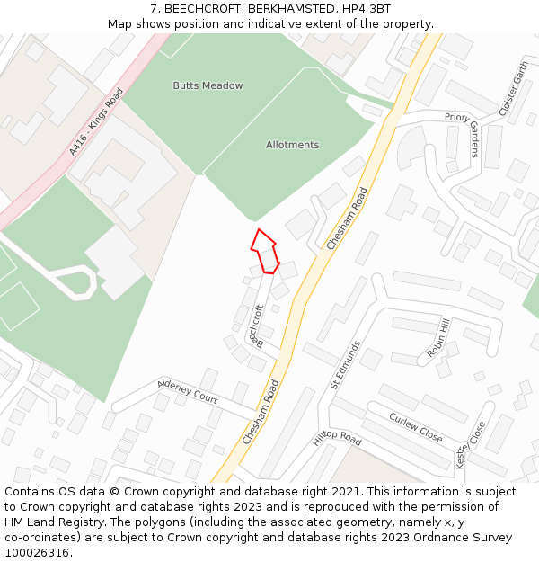 7, BEECHCROFT, BERKHAMSTED, HP4 3BT: Location map and indicative extent of plot