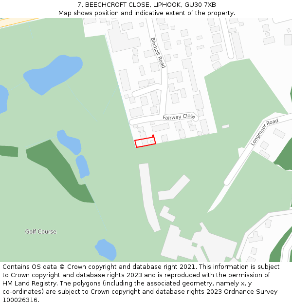 7, BEECHCROFT CLOSE, LIPHOOK, GU30 7XB: Location map and indicative extent of plot