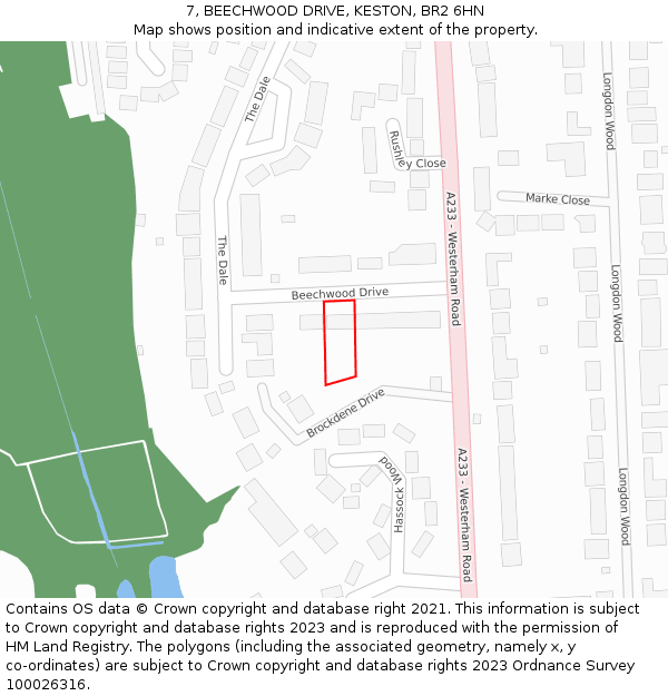 7, BEECHWOOD DRIVE, KESTON, BR2 6HN: Location map and indicative extent of plot