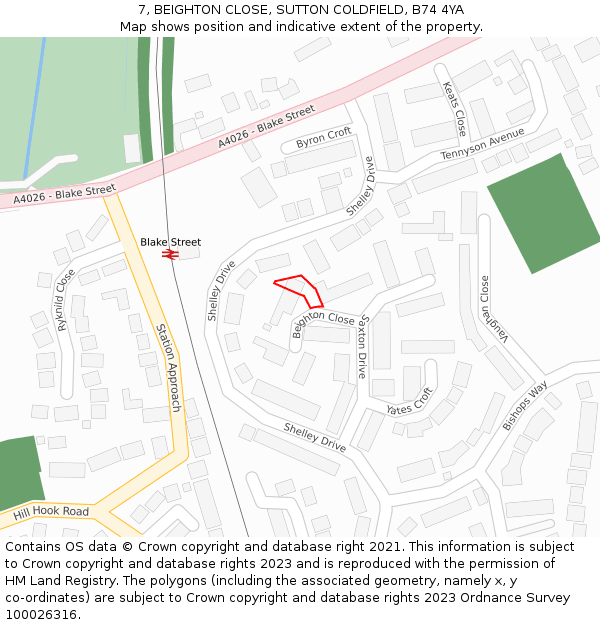 7, BEIGHTON CLOSE, SUTTON COLDFIELD, B74 4YA: Location map and indicative extent of plot