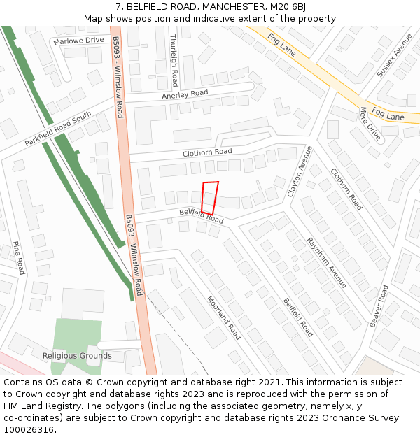 7, BELFIELD ROAD, MANCHESTER, M20 6BJ: Location map and indicative extent of plot