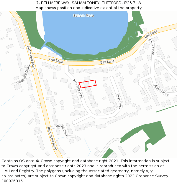 7, BELLMERE WAY, SAHAM TONEY, THETFORD, IP25 7HA: Location map and indicative extent of plot