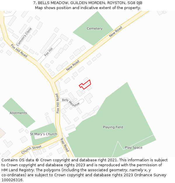 7, BELLS MEADOW, GUILDEN MORDEN, ROYSTON, SG8 0JB: Location map and indicative extent of plot