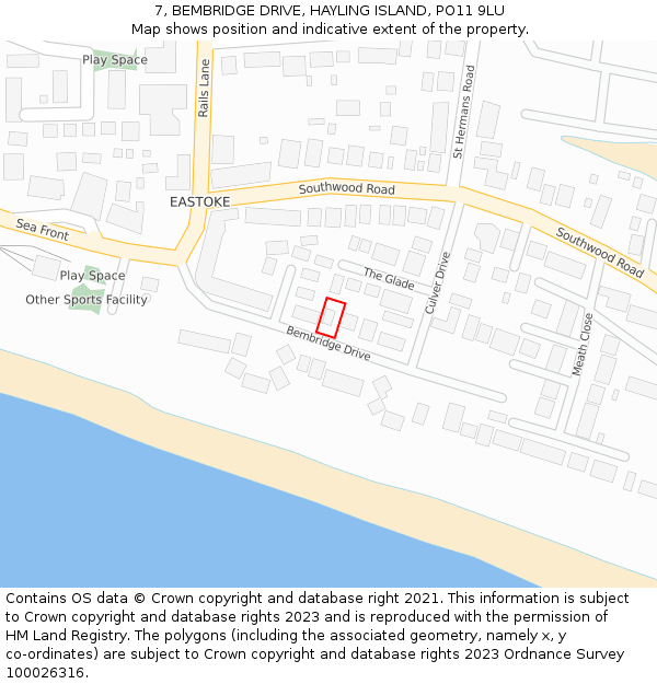 7, BEMBRIDGE DRIVE, HAYLING ISLAND, PO11 9LU: Location map and indicative extent of plot