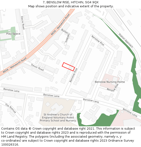 7, BENSLOW RISE, HITCHIN, SG4 9QX: Location map and indicative extent of plot