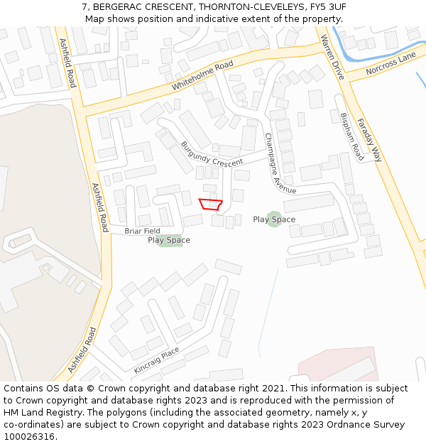 7, BERGERAC CRESCENT, THORNTON-CLEVELEYS, FY5 3UF: Location map and indicative extent of plot