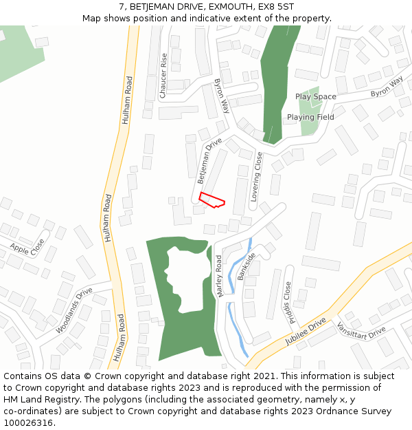 7, BETJEMAN DRIVE, EXMOUTH, EX8 5ST: Location map and indicative extent of plot