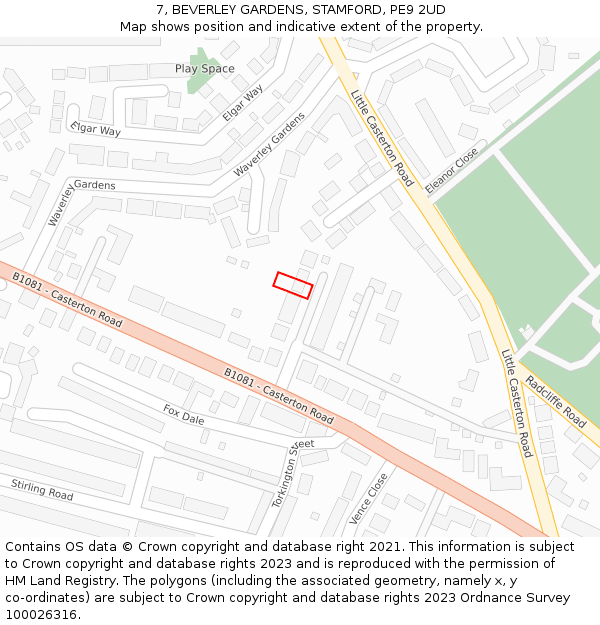 7, BEVERLEY GARDENS, STAMFORD, PE9 2UD: Location map and indicative extent of plot