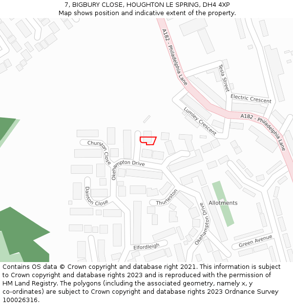 7, BIGBURY CLOSE, HOUGHTON LE SPRING, DH4 4XP: Location map and indicative extent of plot