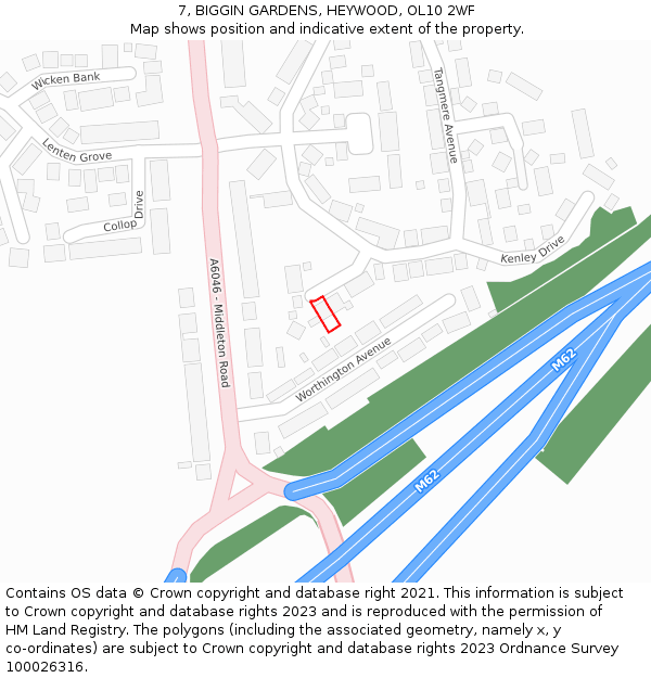 7, BIGGIN GARDENS, HEYWOOD, OL10 2WF: Location map and indicative extent of plot