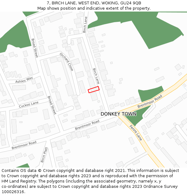 7, BIRCH LANE, WEST END, WOKING, GU24 9QB: Location map and indicative extent of plot