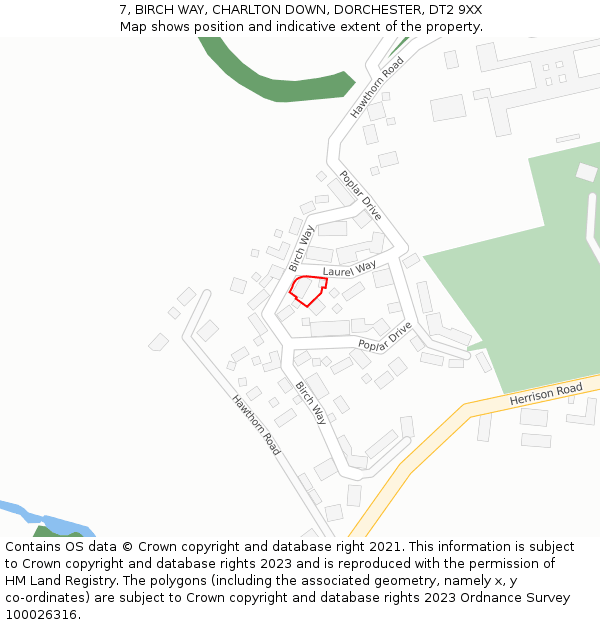7, BIRCH WAY, CHARLTON DOWN, DORCHESTER, DT2 9XX: Location map and indicative extent of plot