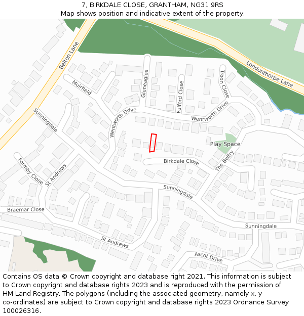 7, BIRKDALE CLOSE, GRANTHAM, NG31 9RS: Location map and indicative extent of plot