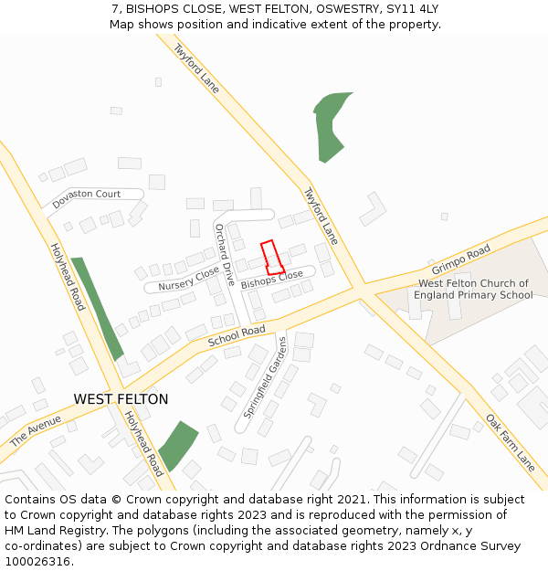 7, BISHOPS CLOSE, WEST FELTON, OSWESTRY, SY11 4LY: Location map and indicative extent of plot