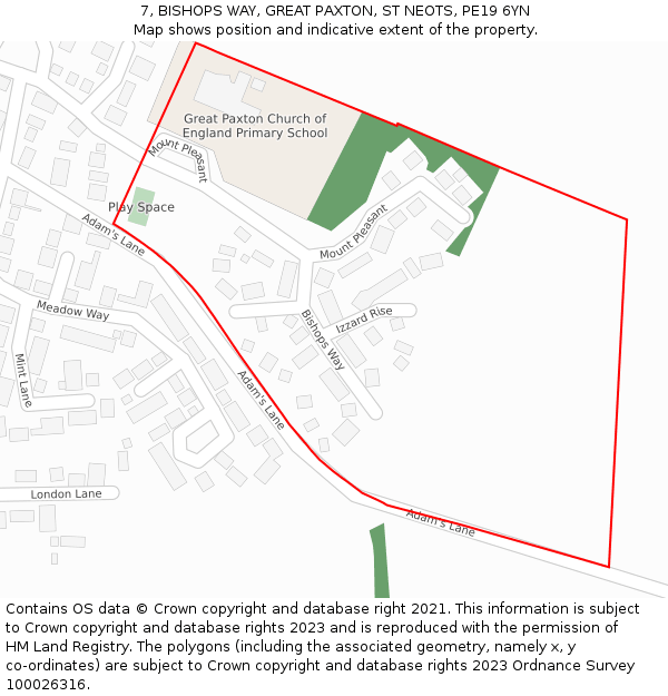 7, BISHOPS WAY, GREAT PAXTON, ST NEOTS, PE19 6YN: Location map and indicative extent of plot