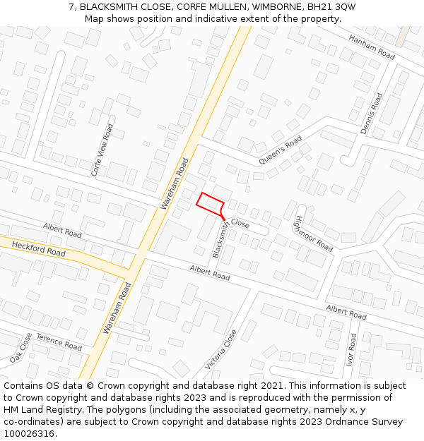 7, BLACKSMITH CLOSE, CORFE MULLEN, WIMBORNE, BH21 3QW: Location map and indicative extent of plot