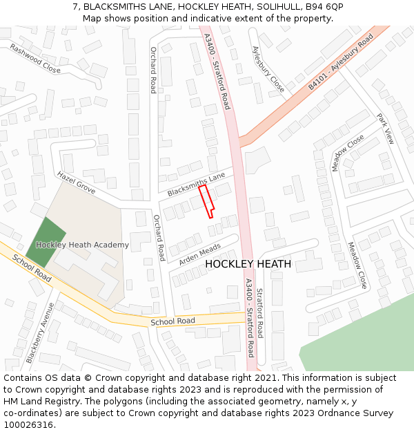 7, BLACKSMITHS LANE, HOCKLEY HEATH, SOLIHULL, B94 6QP: Location map and indicative extent of plot