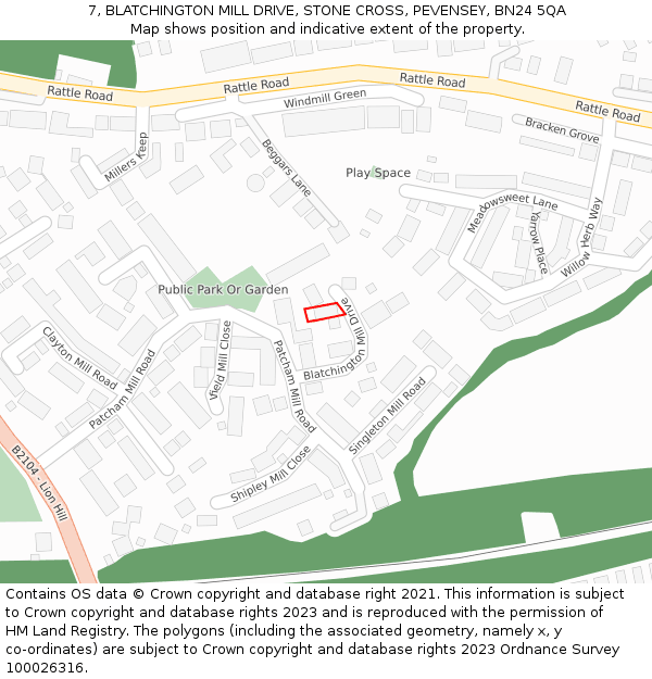 7, BLATCHINGTON MILL DRIVE, STONE CROSS, PEVENSEY, BN24 5QA: Location map and indicative extent of plot