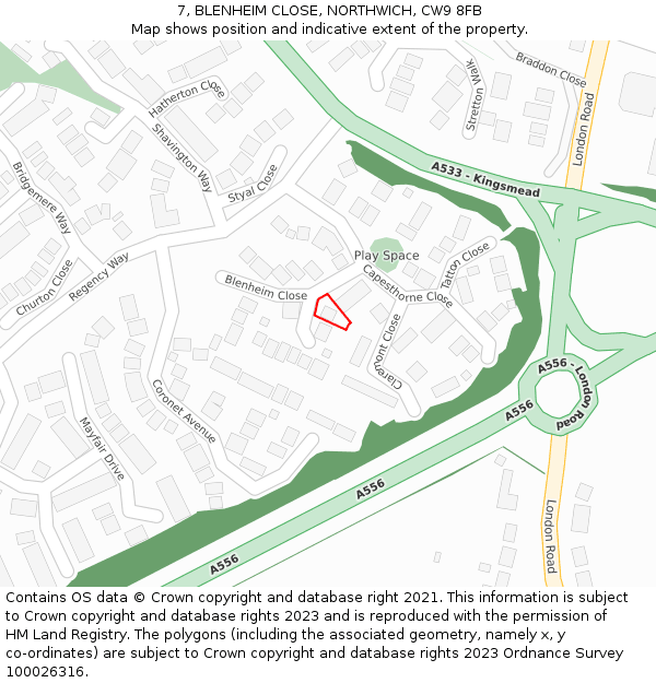 7, BLENHEIM CLOSE, NORTHWICH, CW9 8FB: Location map and indicative extent of plot