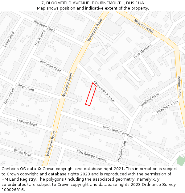 7, BLOOMFIELD AVENUE, BOURNEMOUTH, BH9 1UA: Location map and indicative extent of plot