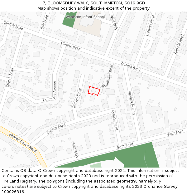 7, BLOOMSBURY WALK, SOUTHAMPTON, SO19 9GB: Location map and indicative extent of plot