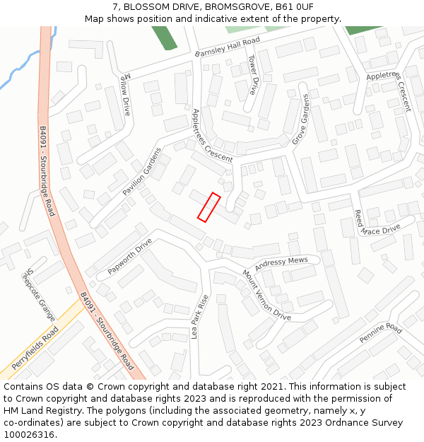 7, BLOSSOM DRIVE, BROMSGROVE, B61 0UF: Location map and indicative extent of plot