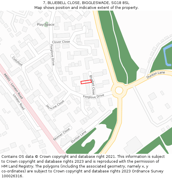 7, BLUEBELL CLOSE, BIGGLESWADE, SG18 8SL: Location map and indicative extent of plot