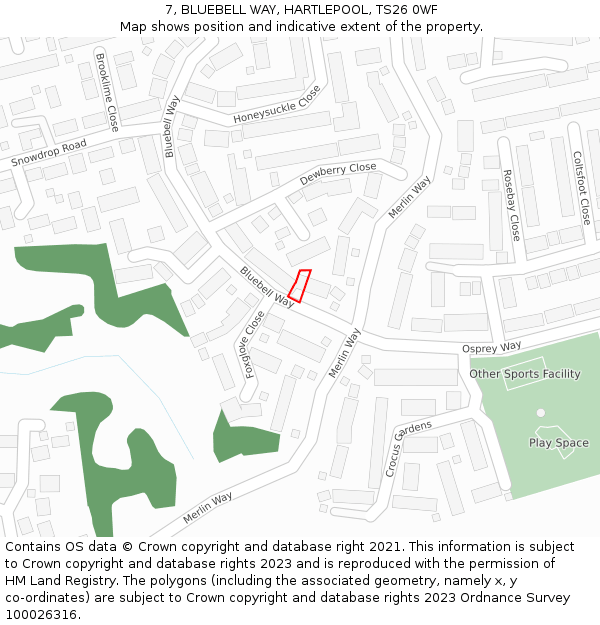 7, BLUEBELL WAY, HARTLEPOOL, TS26 0WF: Location map and indicative extent of plot