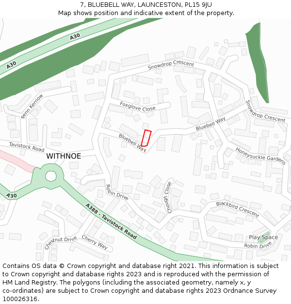 7, BLUEBELL WAY, LAUNCESTON, PL15 9JU: Location map and indicative extent of plot