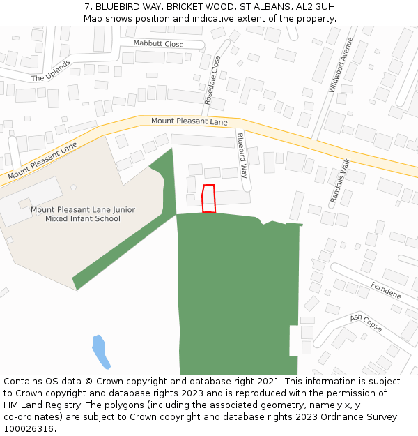 7, BLUEBIRD WAY, BRICKET WOOD, ST ALBANS, AL2 3UH: Location map and indicative extent of plot