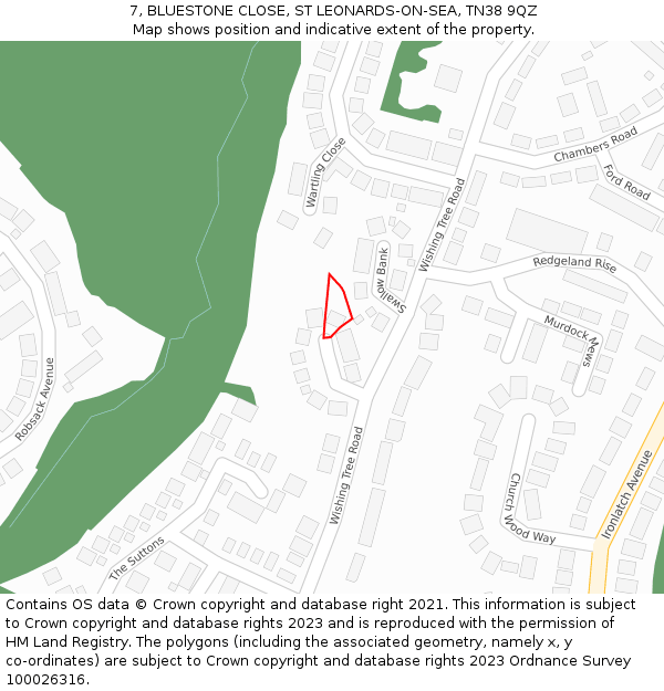 7, BLUESTONE CLOSE, ST LEONARDS-ON-SEA, TN38 9QZ: Location map and indicative extent of plot