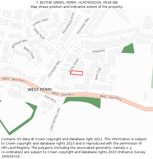 7, BLYTHE GREEN, PERRY, HUNTINGDON, PE28 0BJ: Location map and indicative extent of plot