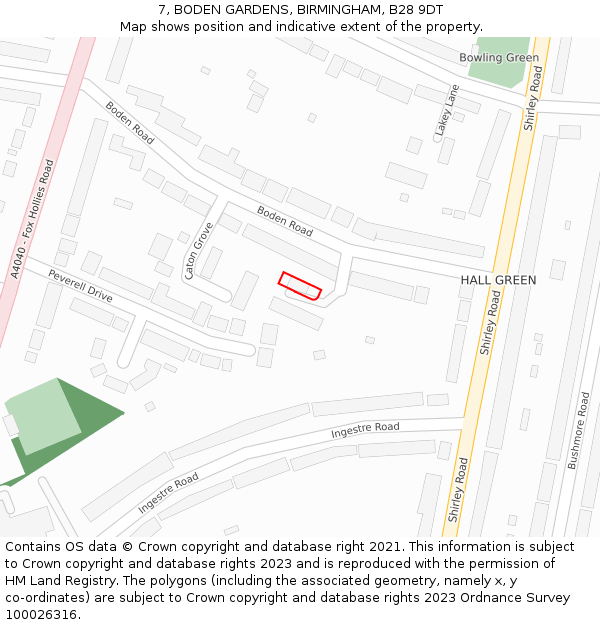 7, BODEN GARDENS, BIRMINGHAM, B28 9DT: Location map and indicative extent of plot